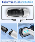Heavy Duty J1772 EV Charging Extension Cord 21 Feet Of Sweet Reach 32 Amp Plug And Play Cable connecting to a vehicle.