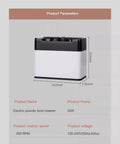 Electric Portafilter Cleaner With Zero Headache Grounds Knock Box showing dimensions and specs in sleek design, perfect for espresso maintenance.