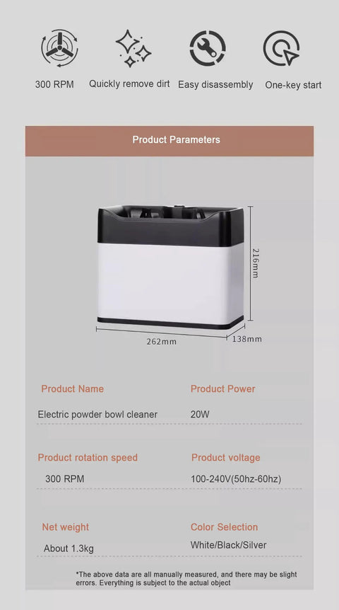 Electric Portafilter Cleaner With Zero Headache Grounds Knock Box showing dimensions and specs in sleek design, perfect for espresso maintenance.