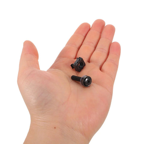 Hand holding one of 50 Pack Computer Case Screws M5x25 For Square Hole Server Racks Cage Nuts And Mounting Hardware Kit