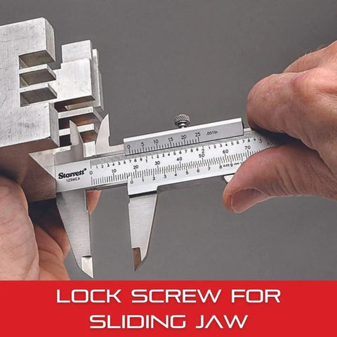 Person using Vernier Caliper With Hardened Stainless Steel Depth Rod And Lock Screw Built For Pro Grade Precision to measure metal part
