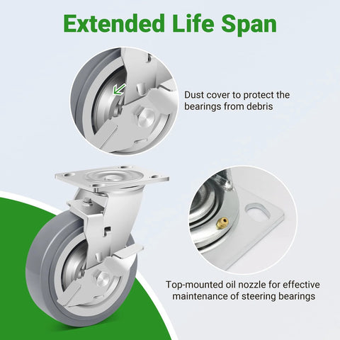 Close-up of 6 Inch Heavy Duty Caster Wheels Industrial Grade Thermoplastic Rubber With Brake 4500 Lbs Capacity Ball Bearing Plate Swivel Castors