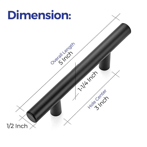 Dimensions of 12 Pack 5 Inch Matte Black Cabinet Pulls Stainless Steel Kitchen Drawer Handles with labels for measurements