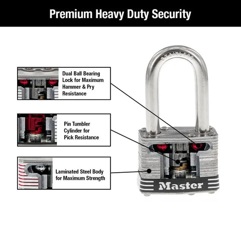 Diagram of stainless steel outdoor padlock with key, 4-pack keyed-alike set for saltwater ready marine use, showing internal features