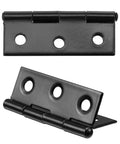 Black 1.75-inch stainless steel folding door hinge pair; three screw holes per plate, front and side views.