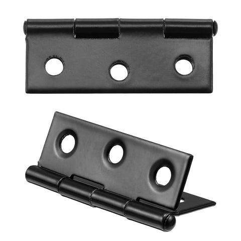 Black 1.75-inch stainless steel folding door hinge pair; three screw holes per plate, front and side views.