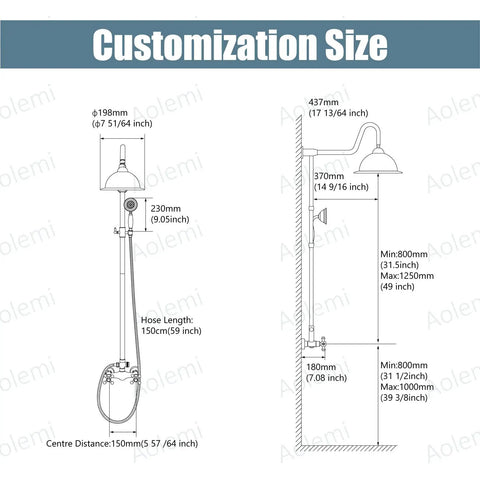 Diagram showing dimensions of Polished Chrome Shower Faucet System With 8 Inch Rainfall Head and extension tube