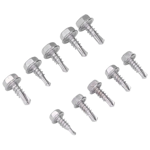 Self Drilling Screws Hex Head Stainless Steel 100 Pcs Set 4.2x13mm And 4.8x13mm Heavy Duty Fasteners on white background