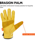 Three Pairs Unlined Cow Grain Leather Work And Driver Gloves With Cow Split Leather Palm Patch Size Large Gold CA9590, showing palm detail.