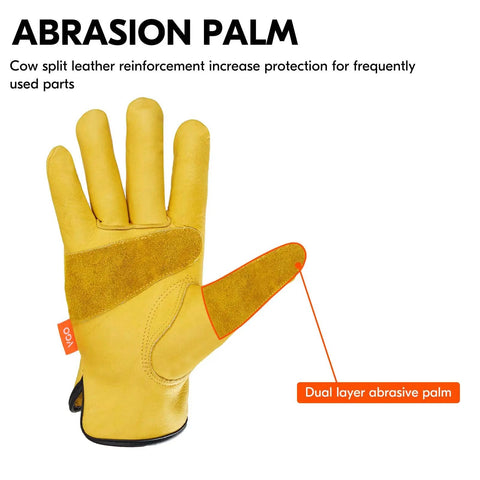 Three Pairs Unlined Cow Grain Leather Work And Driver Gloves With Cow Split Leather Palm Patch Size Large Gold CA9590, showing palm detail.