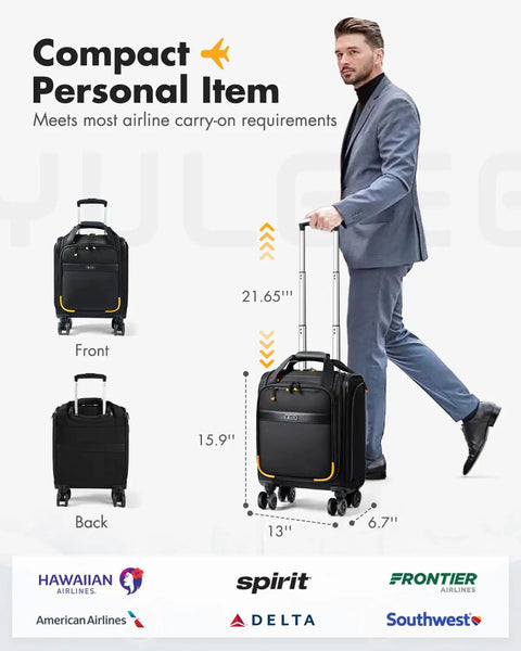 Man with underseat carry on luggage 16 inch softside suitcase with detachable spinner wheels lightweight travel bag black
