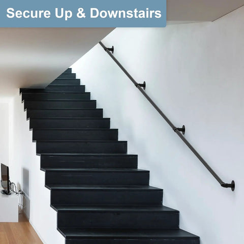 14 Ft Heavy Duty Pipe Stair Handrail Built Like A Tank Black Metal Railing With Powder Coat Finish For Indoor Outdoor corner steps.