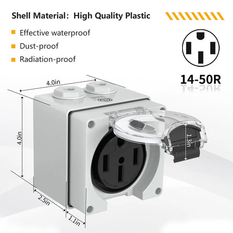 Outdoor NEMA 14-50R 50 Amp RV Power Outlet Box 125/250V weatherproof dustproof plastic shell diagram