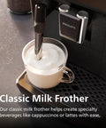 Classic milk frother with steaming milk in a glass, part of the Fully Automatic Espresso Machine Crushing Your Morning Cravings With One Touch Brewing And Classic Milk Frother For Silky Cappuccinos Featuring Precision Ceramic Grinder And Sleek Black Touch Display.