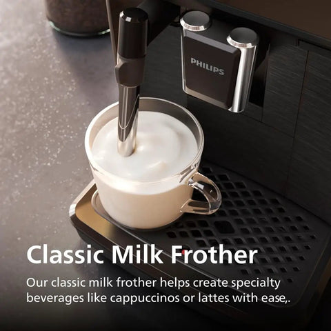 Classic milk frother with steaming milk in a glass, part of the Fully Automatic Espresso Machine Crushing Your Morning Cravings With One Touch Brewing And Classic Milk Frother For Silky Cappuccinos Featuring Precision Ceramic Grinder And Sleek Black Touch Display.