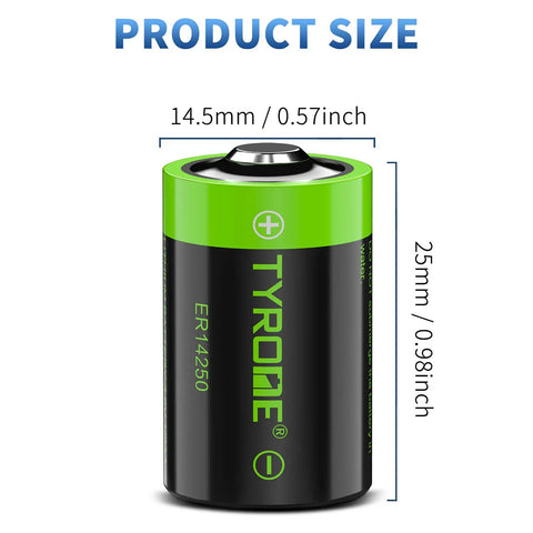 Top Shelf 3.6V Half AA LS 14250 ER14250 Lithium Batteries With Rated 1200 Mah, size showing diameter 14.5mm and height 25mm.
