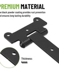 Close-up of Top Shelf Heavy Duty 24 Inch Gate Hinges 4 Pack, Black Powder Coated Steel, showing 4mm thickness for durability.