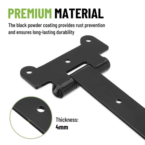 Close-up of Top Shelf Heavy Duty 24 Inch Gate Hinges 4 Pack, Black Powder Coated Steel, showing 4mm thickness for durability.