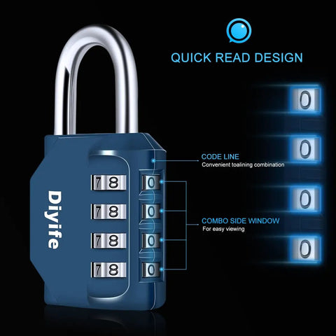 4 Digit Outdoor Waterproof Padlock, No Key Needed, Heavy Duty Combination Lock in dark blue with quick read design