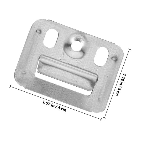 Close-up of a stainless steel wall panel clamp from 100 Piece Stainless Steel Wall Panel Clamps Buckles Fixing Kit For Furniture Hardware And Home Hanging Durable Mounting Set Easy Install Corrosion Resistant Reusable Perfect For Diy Wall Displays And Shelves, with dimensions 4 cm by 3 cm.