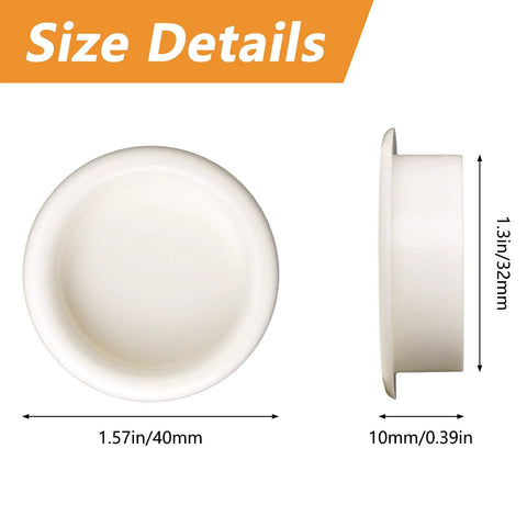 Dimensions of 4 Pack Plastic Round Sliding Door Finger Pulls For Closets And Cabinets, Bright White Finish, Front and Side View