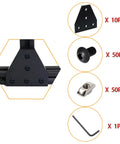 No Fuss Tough As Nails 2020 Aluminum Extrusion Connector Kit components showing 10 angle brackets, 50 hex screws, 50 T-nuts, and 1 wrench.