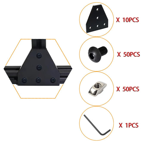 No Fuss Tough As Nails 2020 Aluminum Extrusion Connector Kit components showing 10 angle brackets, 50 hex screws, 50 T-nuts, and 1 wrench.