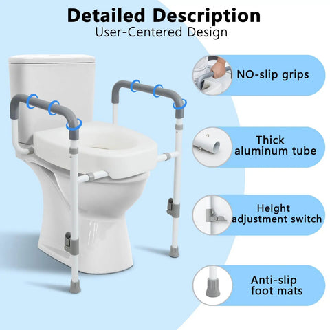 Heavy Duty Raised Toilet Seat Riser With Secure Armrests And Soft Grip Handles And Solid Frame Setup Giving You Real Backing For Everyday Bathroom Routine Without Breaking A Sweat Or Wrecking Your Knees
