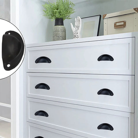 White dresser with black cup pulls from 20 Pack Cup Pull Cabinet Hardware Set With Screws, Three And One Sixth Inch Total Length, Two And One Half Inch Center To Center Hole, One And Three Eighths Inch Wide Cup Pulls For Cabinets And Drawers, Includes Convenient Screws.