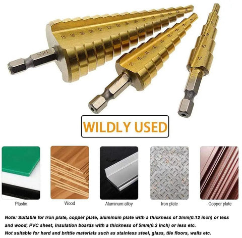 3 Piece Straight Grooved Step Drill Bit Set With Hex Shank HSS Titanium Coated Drill Bits for metal, wood, plastic