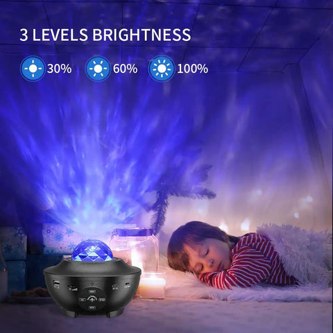 3 In 1 Night Light Projector With Bluetooth Speaker And Led Cloud projecting galaxy sky in kids room with sleeping child, Black