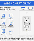 Solid Setup GFCI Outlet With Dual USB A Plus C Ports In White Pack Of 20 showcasing compatibility with various USB devices.