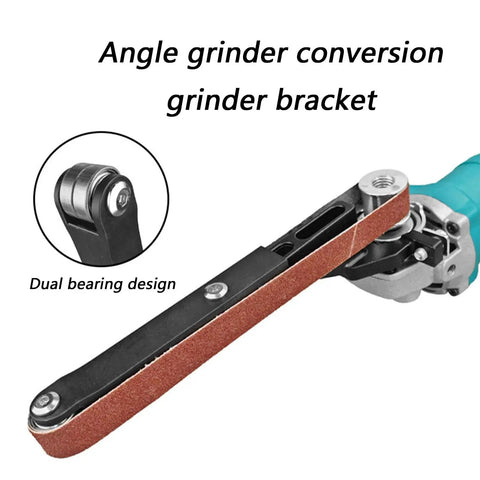 Angle grinder conversion grinder bracket with dual bearing design for upgrade any angle grinder to a belt sander instantly.