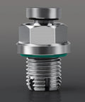 Front view of stainless steel M14.1-1.5 x 15mm oversize piggyback oil drain plug with hex head and green gasket.