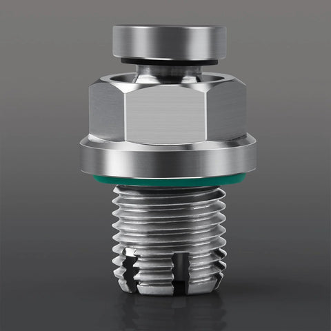 Front view of stainless steel M14.1-1.5 x 15mm oversize piggyback oil drain plug with hex head and green gasket.