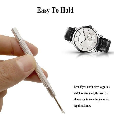 Close-up of hand holding tool from 6 In 1 Watch Hands Repair Kit With 3 Hand Pressers And 2 Removers, Precision Pusher Set displayed.
