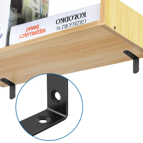 Installed 16 Piece Stainless Steel L Bracket Corner Brace Set With 64 Screws, 90 Degree Right Angle Supports, Black Finish on Wooden Shelf