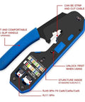 Pro Grade All In One Ethernet Crimp Tool Kit For RJ45 Cat5e Cat6, blue handle, showing RJ45 and RJ11 compatibility features