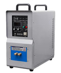 Grind Ready Small Induction Heater With Built In Water Temperature Protection For Industrial Heat Treatment Welding Quenching Brazing Top Shelf Workshop Rig, grey unit with control panel.