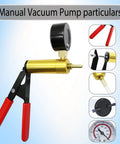 Manual vacuum pump with brass body and red handles for laboratory use, various components detailed on side