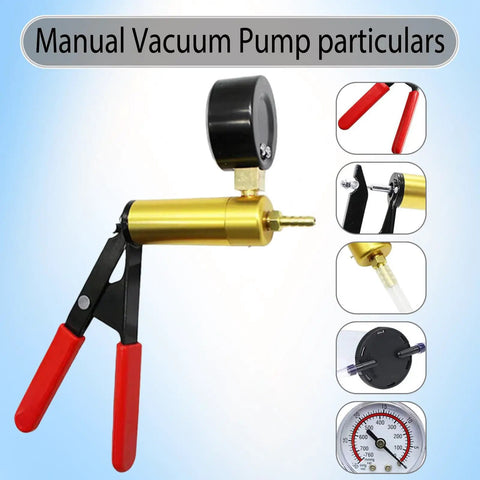 Manual vacuum pump with brass body and red handles for laboratory use, various components detailed on side