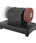 Banapoy Mini Bench Grinder With D CB240 20V Battery Compatible full copper motor, black housing with dual grinding wheels for sharpening.