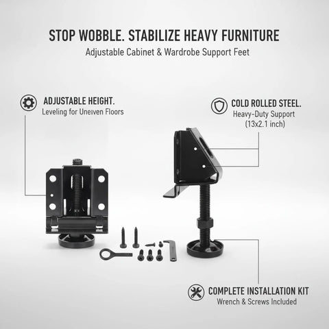 Adjustable Cabinet Feet For Uneven Floors Heavy Duty Cold Rolled Steel Wardrobe Supports With Wrench And Screws Set Of Four