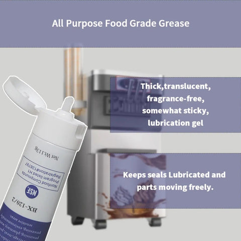 Food Safe Machine Lubricant For Frozen Dessert Equipment, tube in front of dessert machine, food grade lubricant details.