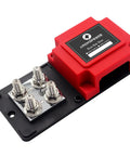 Heavy Duty 400A 12V 48V DC Copper Busbar Power Distribution Block With Eight M10 Studs And Protective Cover angled view showing connections