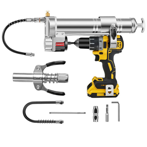 Electric Grease Gun Drill Adapter For DeWalt Cordless Drill Driver 14 Oz Capacity 12 Inch Hose, Coupler, and Steel Pipe Kit
