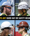 Workers wearing rechargeable portable cooling turbo fan for hard hats and safety helmets quiet 3-speed with dual-mount strap.