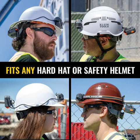 Workers wearing rechargeable portable cooling turbo fan for hard hats and safety helmets quiet 3-speed with dual-mount strap.
