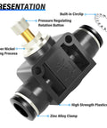 Pneumatic flow control valve with push-to-connect fittings, inline speed controller, black body, 1/4 in tube OD