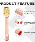 Graphic of 5 Pcs Flare Connector Set For Three Eighths Inch SAE 45 Degree Brass Pipe Fittings, highlighting features like knurled nut.